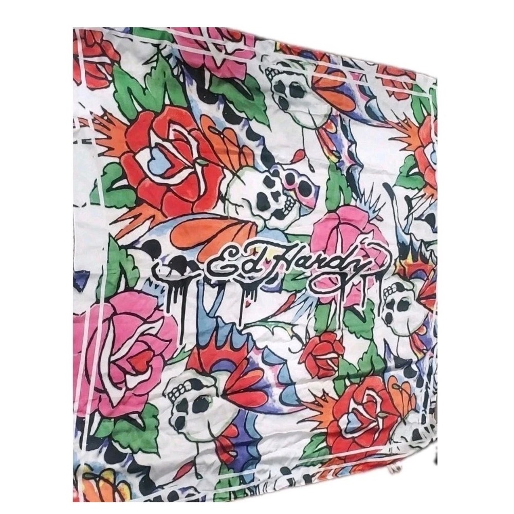 Ed Hardy Scarf Tattoo Print Skulls Roses Butterfly Multicolor Y2K Satin Wrap
